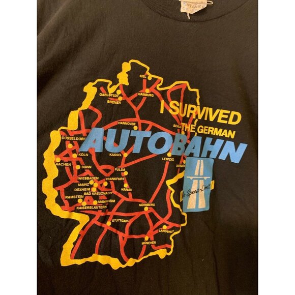 Vtg 80s T Shirt Screen‎ Stars I Survived The German Autobahn Sz XL Black